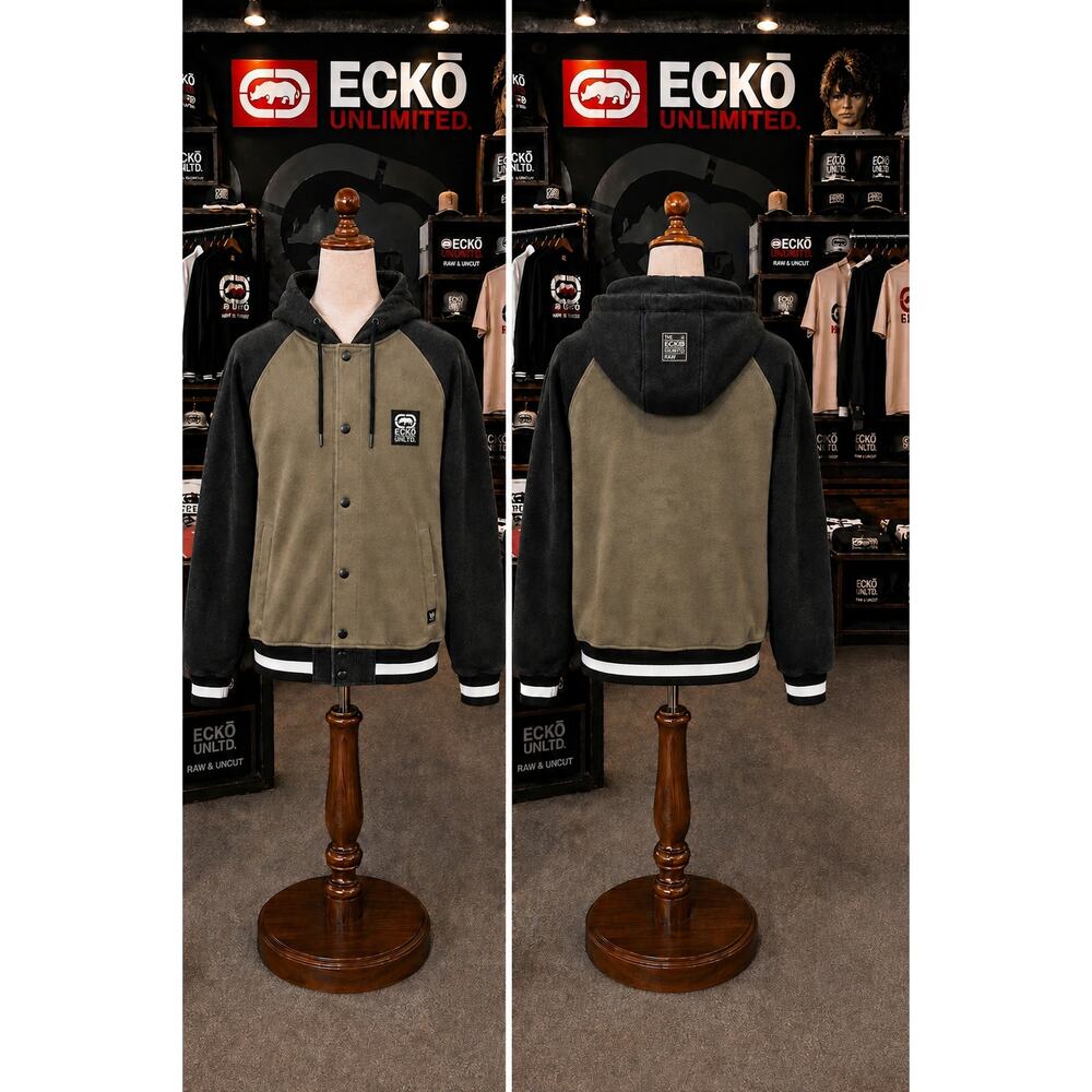 Ecko Unlimited Sherpa-Lined Varsity Hoodie Jacket Olive Black M